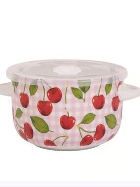Cherries Gingham Decor 🍒 2 Handle Bowl with Lid 25oz NEW